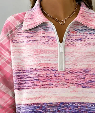 Women Pink Gradient Print Plaid Splicing Half Zip Collar Long Sleeve Sweatshirt