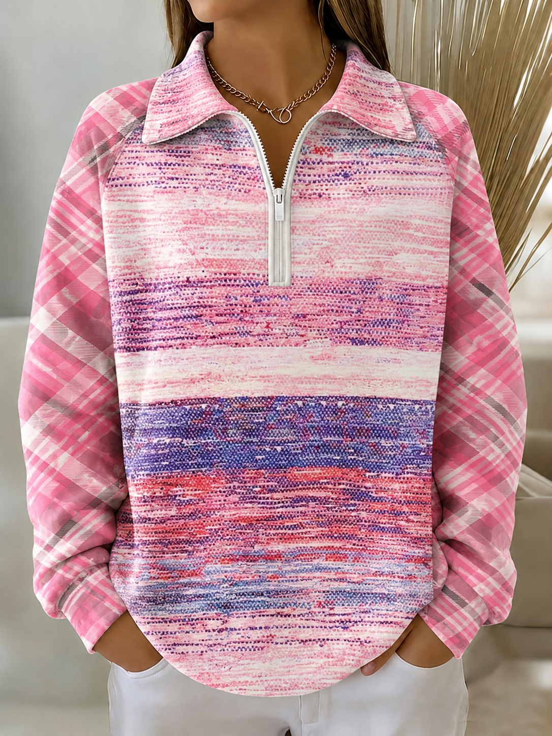 Women Pink Gradient Print Plaid Splicing Half Zip Collar Long Sleeve Sweatshirt
