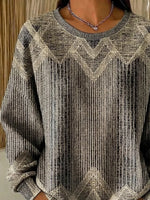 Women Brown Abstract Chevron Print Crew Neck Casual Sweatshirt