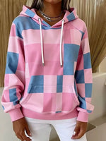 Women Pink Blue Plaid Color Block Hooded Casual Sweatshirt