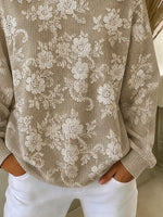 Women Khaki Lace Floral Print Crew Neck Long Sleeve Sweatshirt