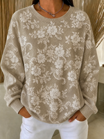 Women Khaki Lace Floral Print Crew Neck Long Sleeve Sweatshirt