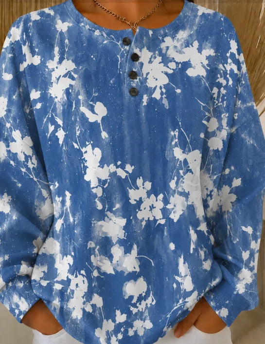 Women White-Blue Floral Print Henley Crew Neck Long Sleeve Sweatshirt