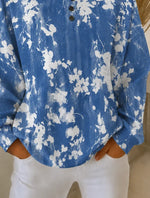 Women White-Blue Floral Print Henley Crew Neck Long Sleeve Sweatshirt
