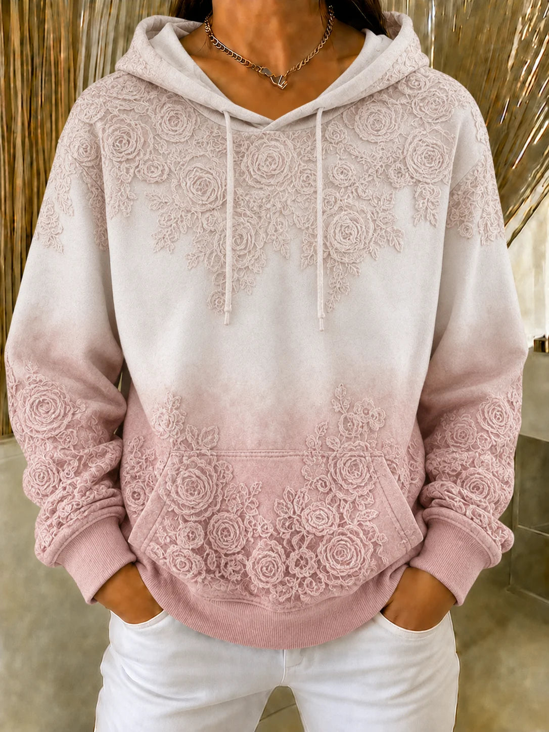 Women Pink White Gradient Lace Floral Embossed Hooded Sweatshirt