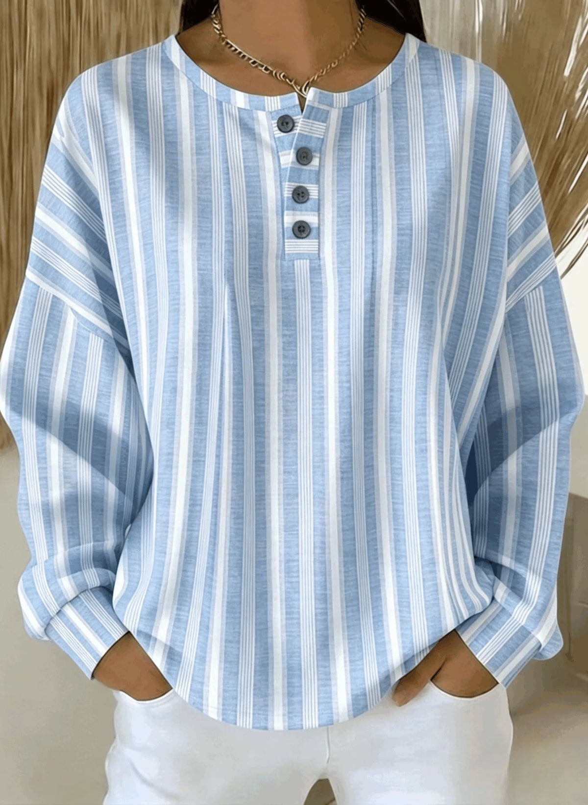 Casual Henley Collar Striped Long Sleeve Sweatshirt