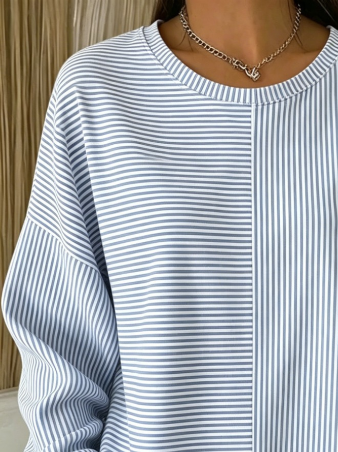 Casual Crew Neck Patchwork Striped Long Sleeve Sweatshirt