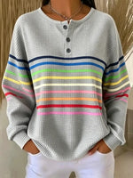 Henley Neck Waffle Rainbow Stripe Long Sleeve Top