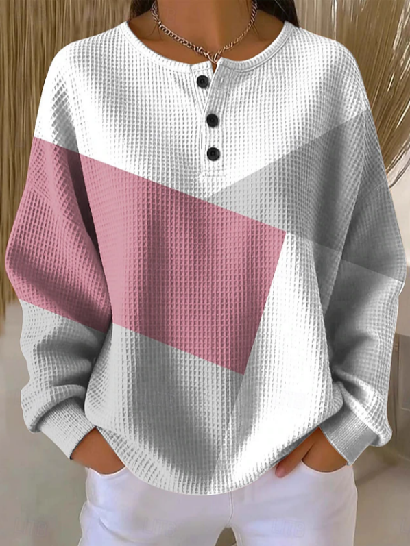 Waffle Knit Chevron Color Block Henley Placket Button Detail Long Sleeve Casual Daily Pullover Sweatshirt