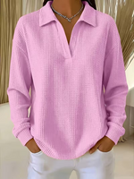 Waffle Knit Shawl Collar V-Neck Long Sleeve Top