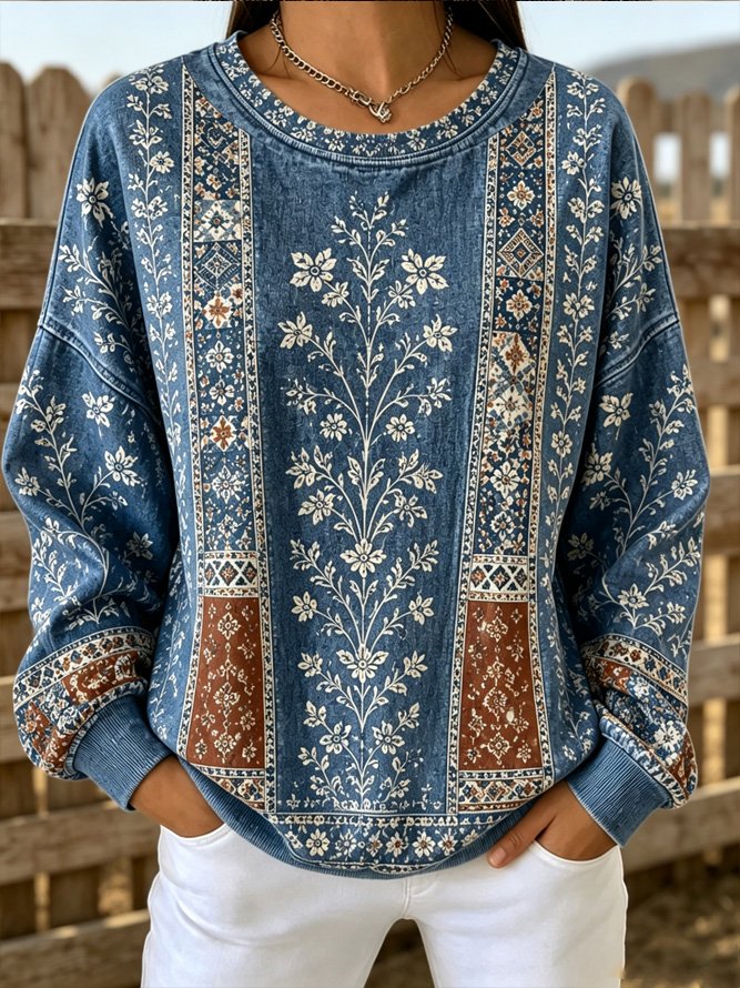 Bohemian Geometric Floral Print Crew Neck Sweatshirt