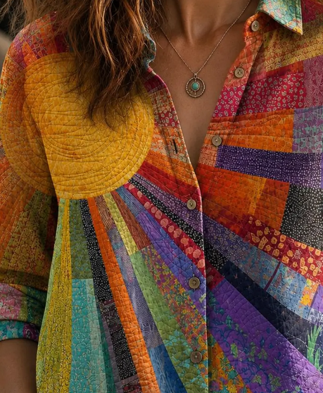 Vintage Sun Moon Ethnic Patchwork Print Long Sleeve Button Down Shirt