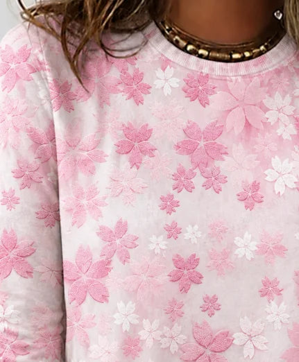 Pink Cherry Blossom Print Crew Neck Long Sleeve Top