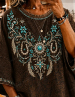 Brown Vintage Ethnic Embroidery Half Sleeve Loose Blouses