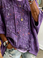 Purple Floral Print Half Sleeve Loose Hoodie