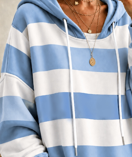 White-Blue Striped Long Sleeve Loose Hoodie