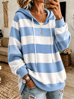 White-Blue Striped Long Sleeve Loose Hoodie