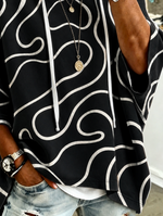 Black Abstract Line Print Half Sleeve Loose Hooded Top