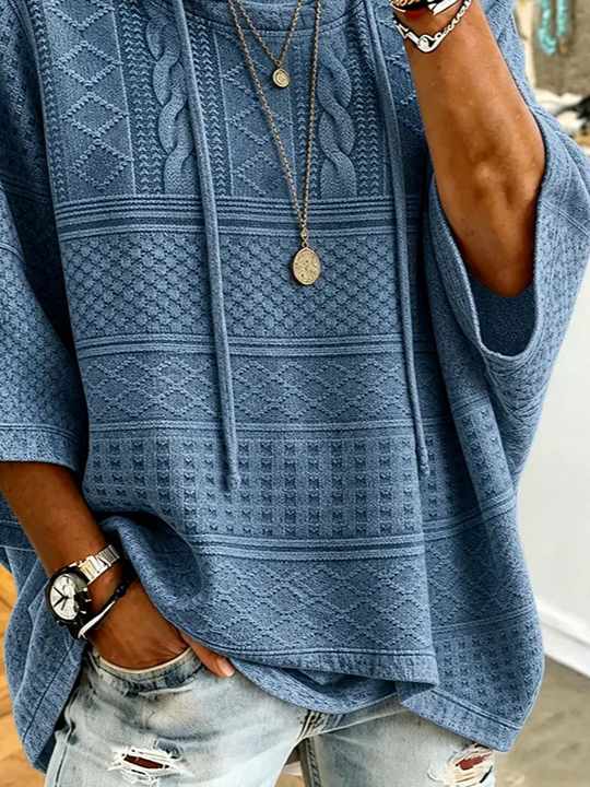 Blue Jacquard Cable Knit Half Sleeve Oversized Drawstring Hooded Top