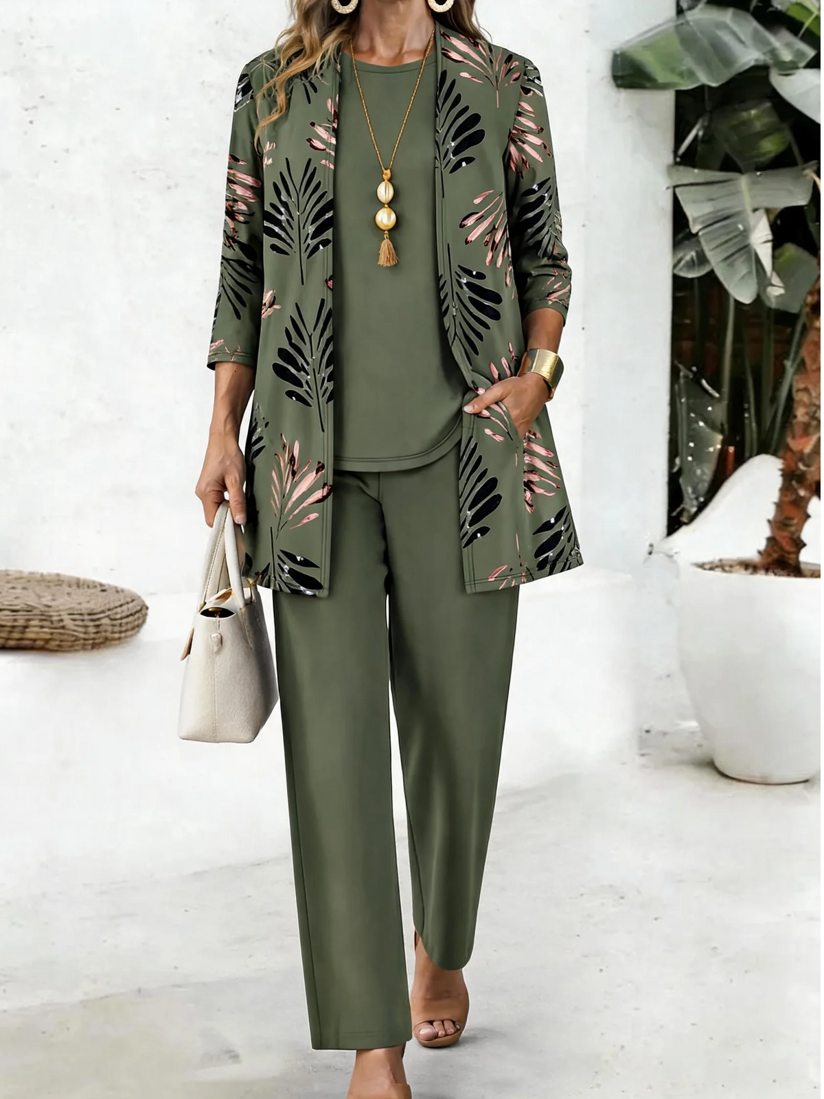 Women Leaf Print Long Sleeve Casual Spring/Fall Multi-Piece Set Matching Set