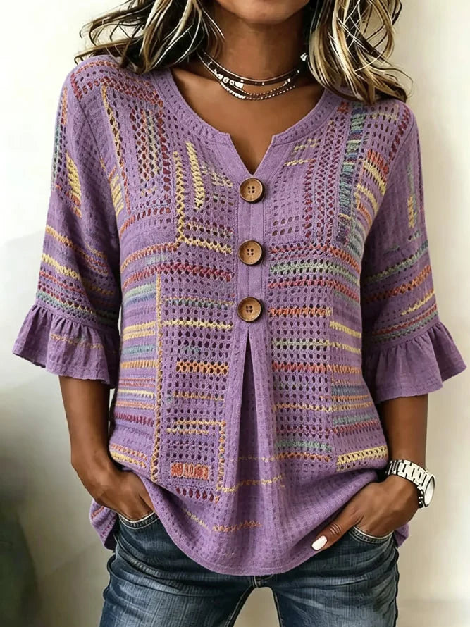 V Neck Half Sleeve StripedCasual Blouse For Women