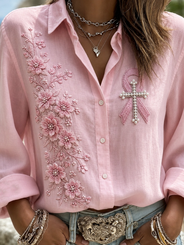 Shawl Collar Long Sleeve Floral Print Lightweight Regular Fit Shirt For Women