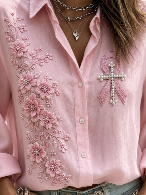 Shawl Collar Long Sleeve Floral Print Lightweight Regular Fit Shirt For Women