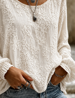 Solid Crew Neck Long Sleeve Floral Printing Lightweight Micro-Elasticity Loose Blouse For Women