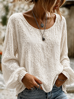 Solid Crew Neck Long Sleeve Floral Printing Lightweight Micro-Elasticity Loose Blouse For Women