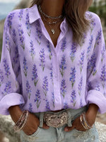 Vintage Shirt Collar Long Sleeve Floral Printing Regular Micro-Elasticity Loose Shirt For Women