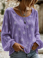 Casual Crew Neck Long Sleeve Floral Lightweight Micro-Elasticity Loose Blouse For Women