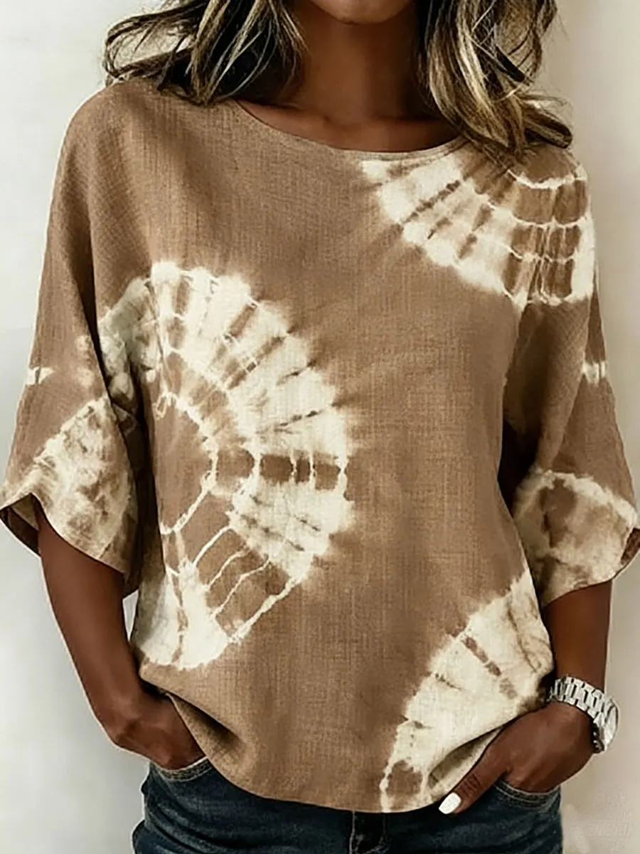 Vintage Crew Neck Half Sleeve Abstract Printing Regular Micro-Elasticity Regular Fit Blouse For Women