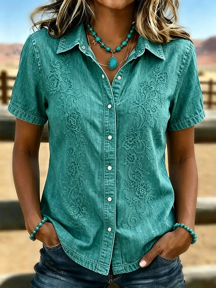 Casual Shirt Collar Short Sleeve Floral Printing Regular Micro-Elasticity Loose Button Up Shirt Shirt For Women