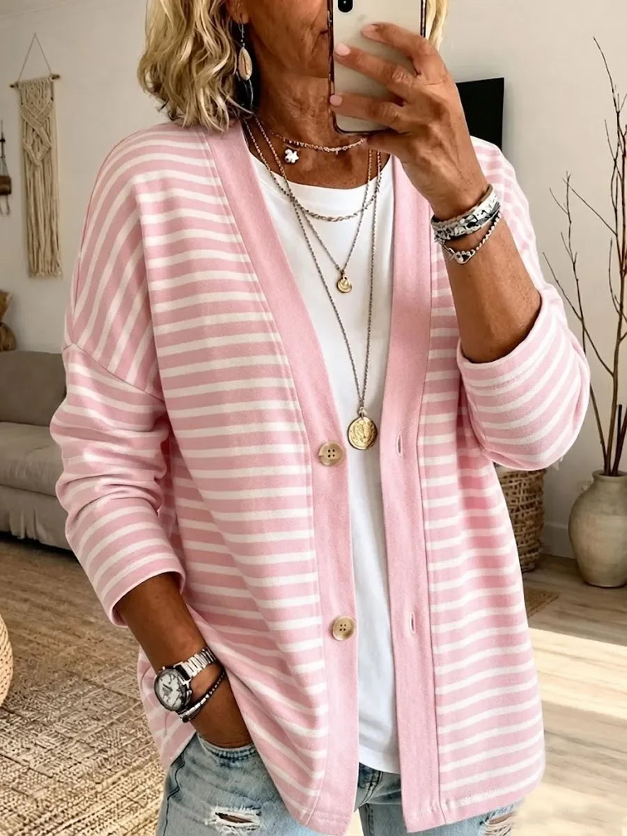 Women Spring/Fall Outerwear Casual Printing Striped Long Sleeve Jacket