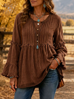 Vintage Crew Neck Long Sleeve Plain Lace Regular Micro-Elasticity Loose Blouse For Women