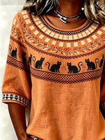 Vintage Crew Neck Half Sleeve Halloween Printing Regular Micro-Elasticity Regular Fit Blouse For Women