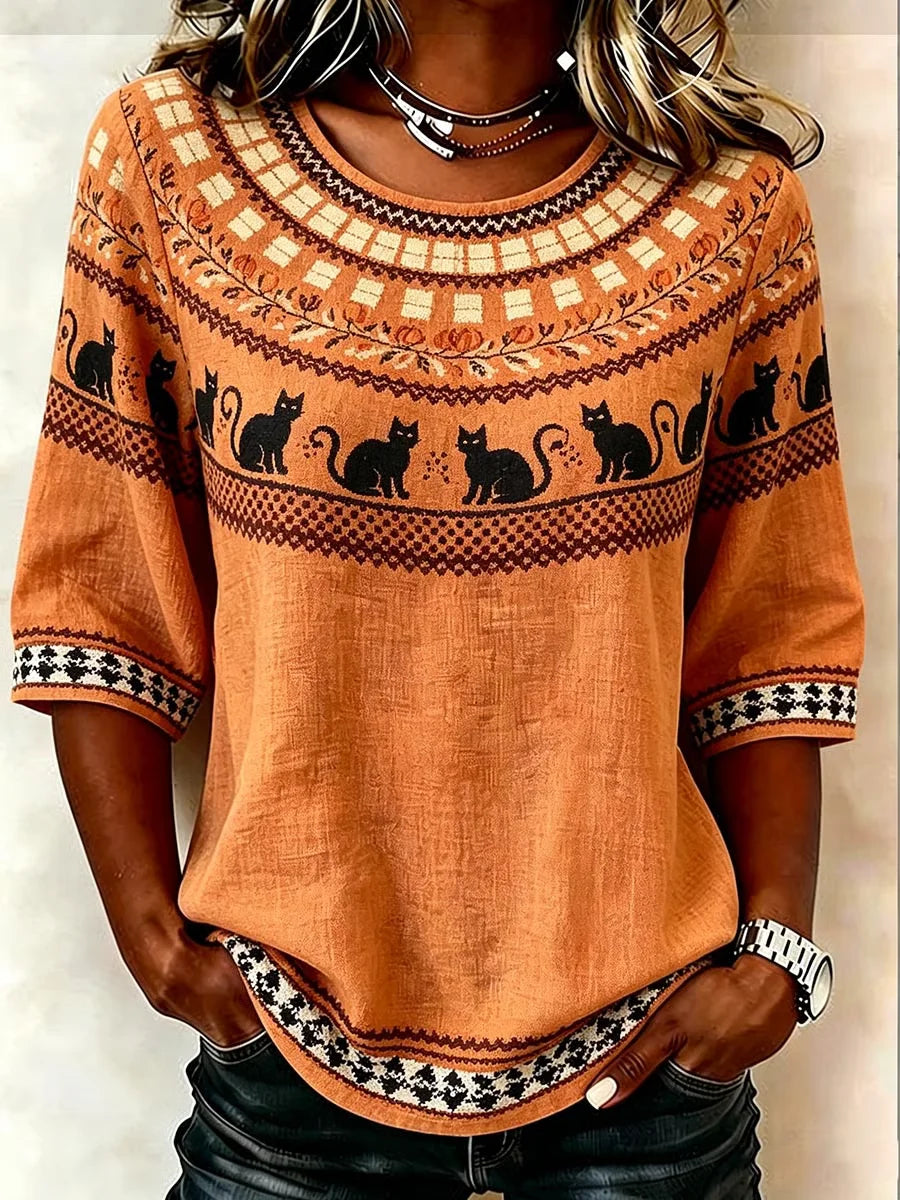 Vintage Crew Neck Half Sleeve Halloween Printing Regular Micro-Elasticity Regular Fit Blouse For Women