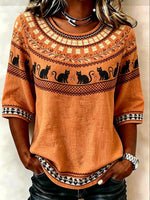 Vintage Crew Neck Half Sleeve Halloween Printing Regular Micro-Elasticity Regular Fit Blouse For Women