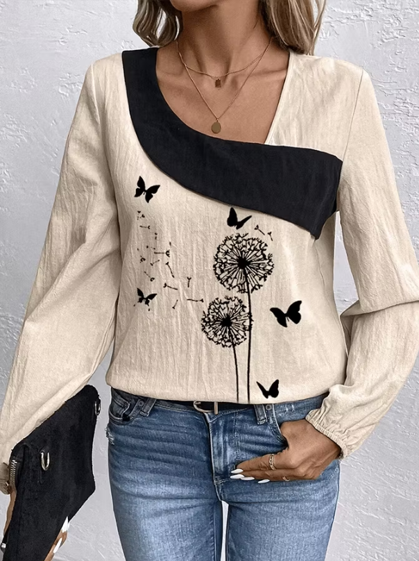 Women's Casual Cotton Linen Loose Lapel Irregular Dandelion Shirt
