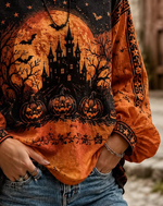 Women Halloween Casual Blouse Crew Neck Long Sleeve Printing Top