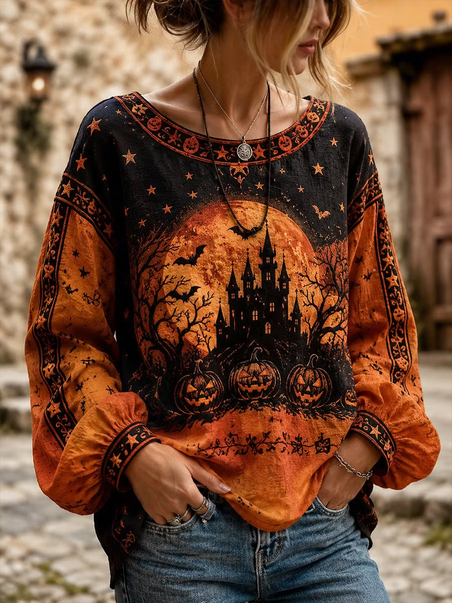 Women Halloween Casual Blouse Crew Neck Long Sleeve Printing Top