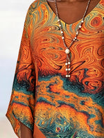 Women Abstract Vintage Blouse V Neck Long Sleeve Top