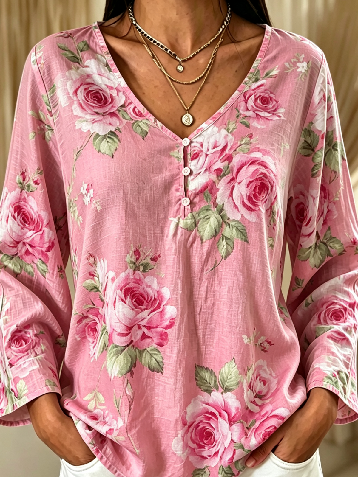 Vintage Floral V Neck Long Sleeve T-shirt