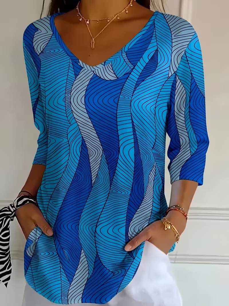 Casual Abstract V Neck Three Quarter Sleeve T-shirt