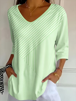 Casual Striped V Neck Three Quarter Sleeve T-shirt