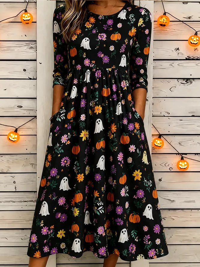 Women Floral Summer Dress Crew Neck Half Sleeve T-Shirt Dress A-Line Dress
