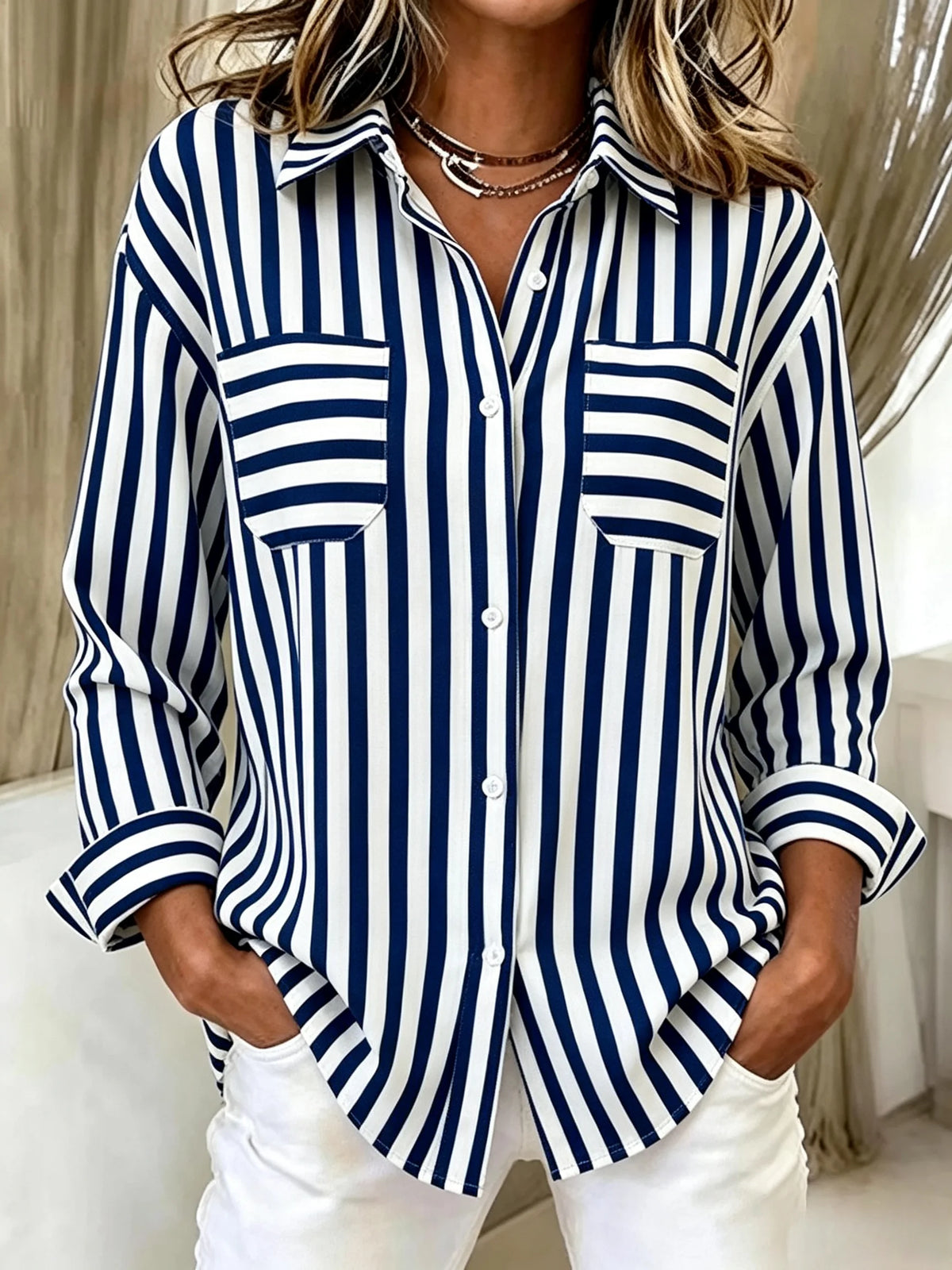 Navy White Stripe Loose Long Sleeve Women Casual Shirt