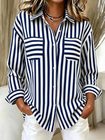 Navy White Stripe Loose Long Sleeve Women Casual Shirt