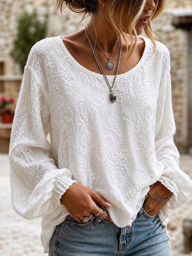 Women Floral Casual Blouse Crew Neck Long Sleeve Printing Top