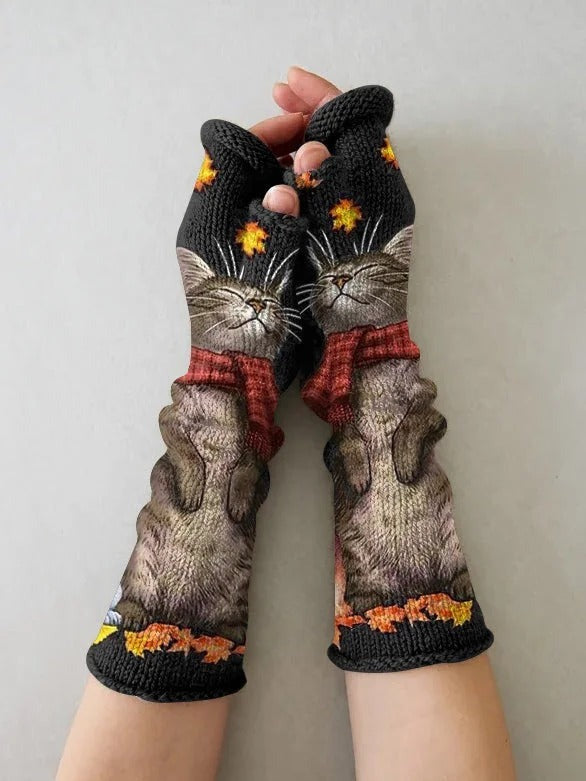 Retro Cat Printed Knit Casual Fingerless Gloves